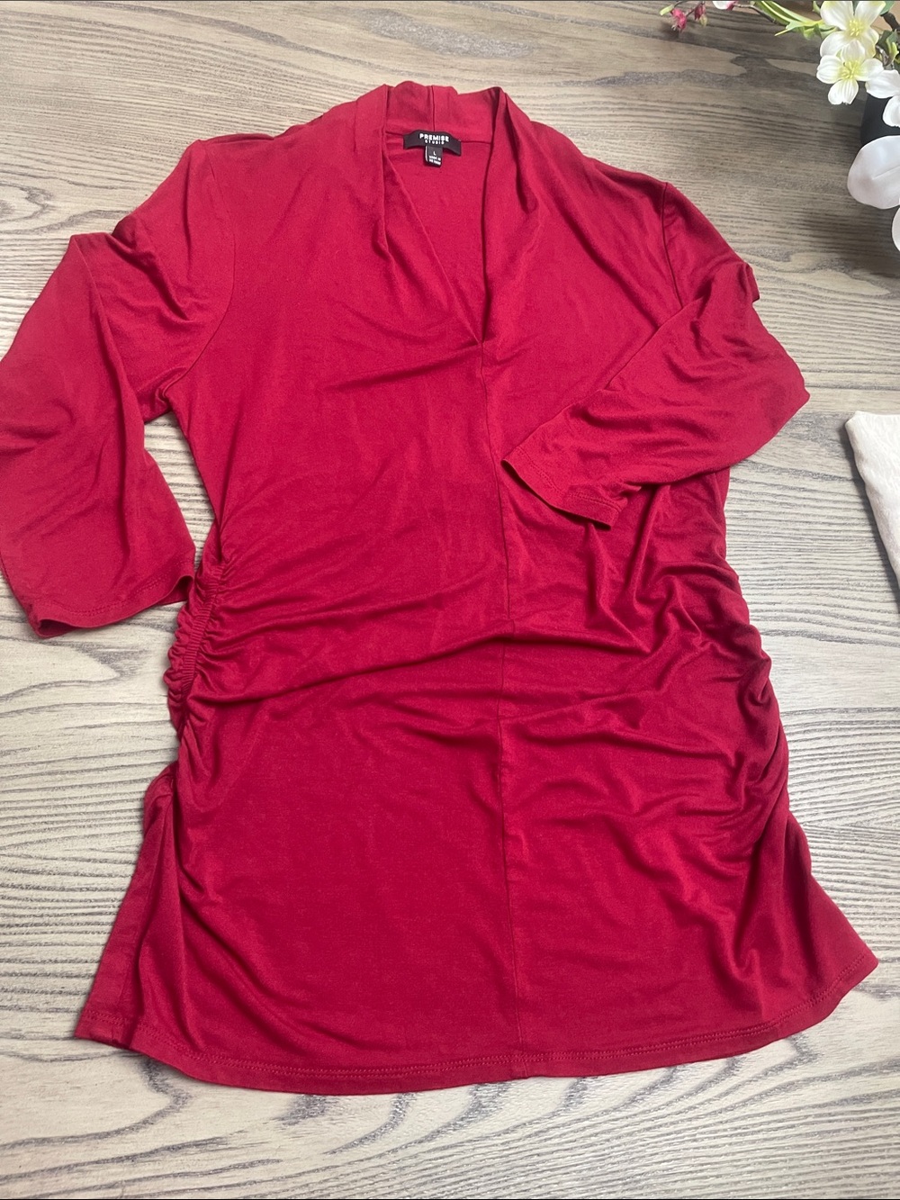 Premise Deep Red V-Neck 3/4 Long Sleeve Ruched Side Dress